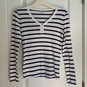 GAP Blue and White Striped Henley Top